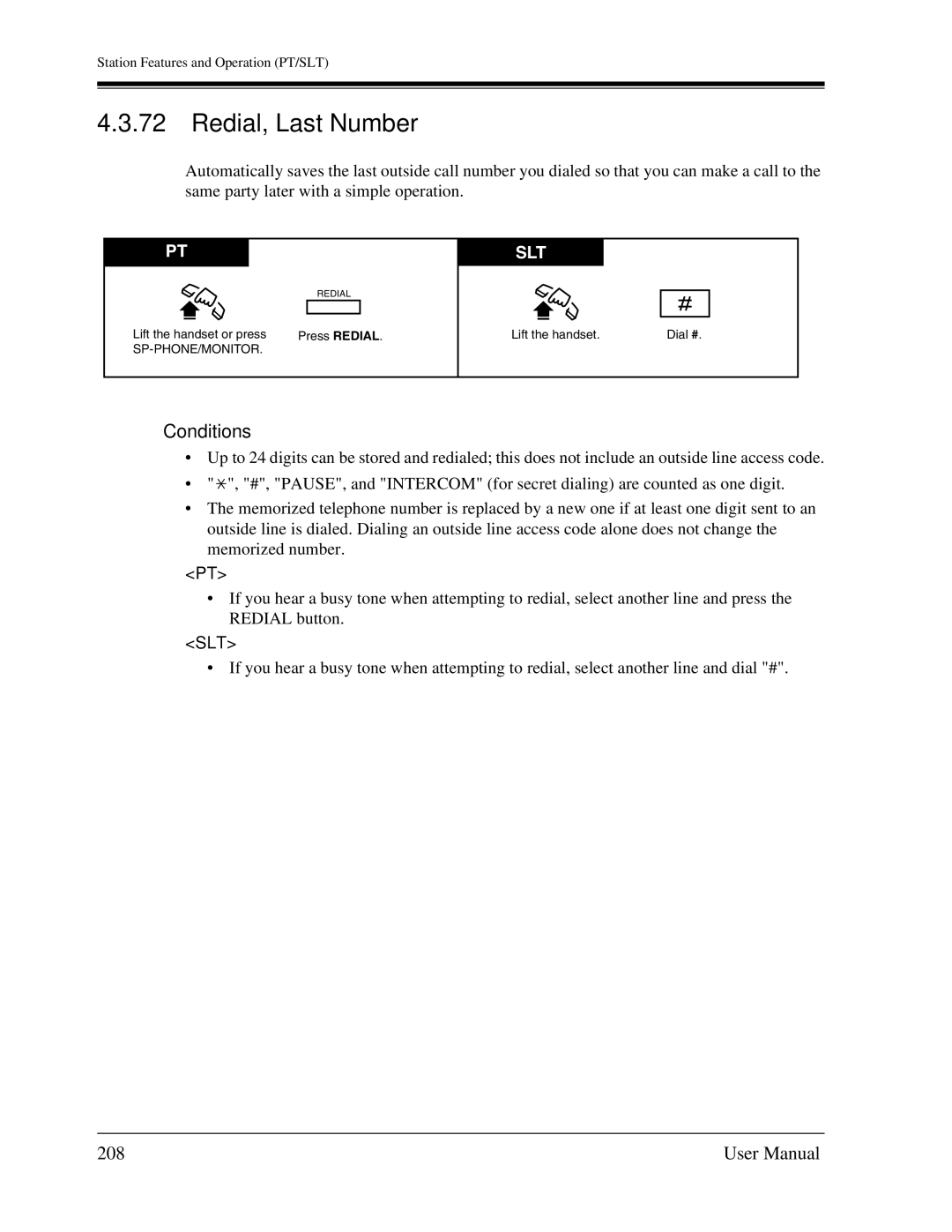 Panasonic KX-TA1232 user manual Redial, Last Number, 208 