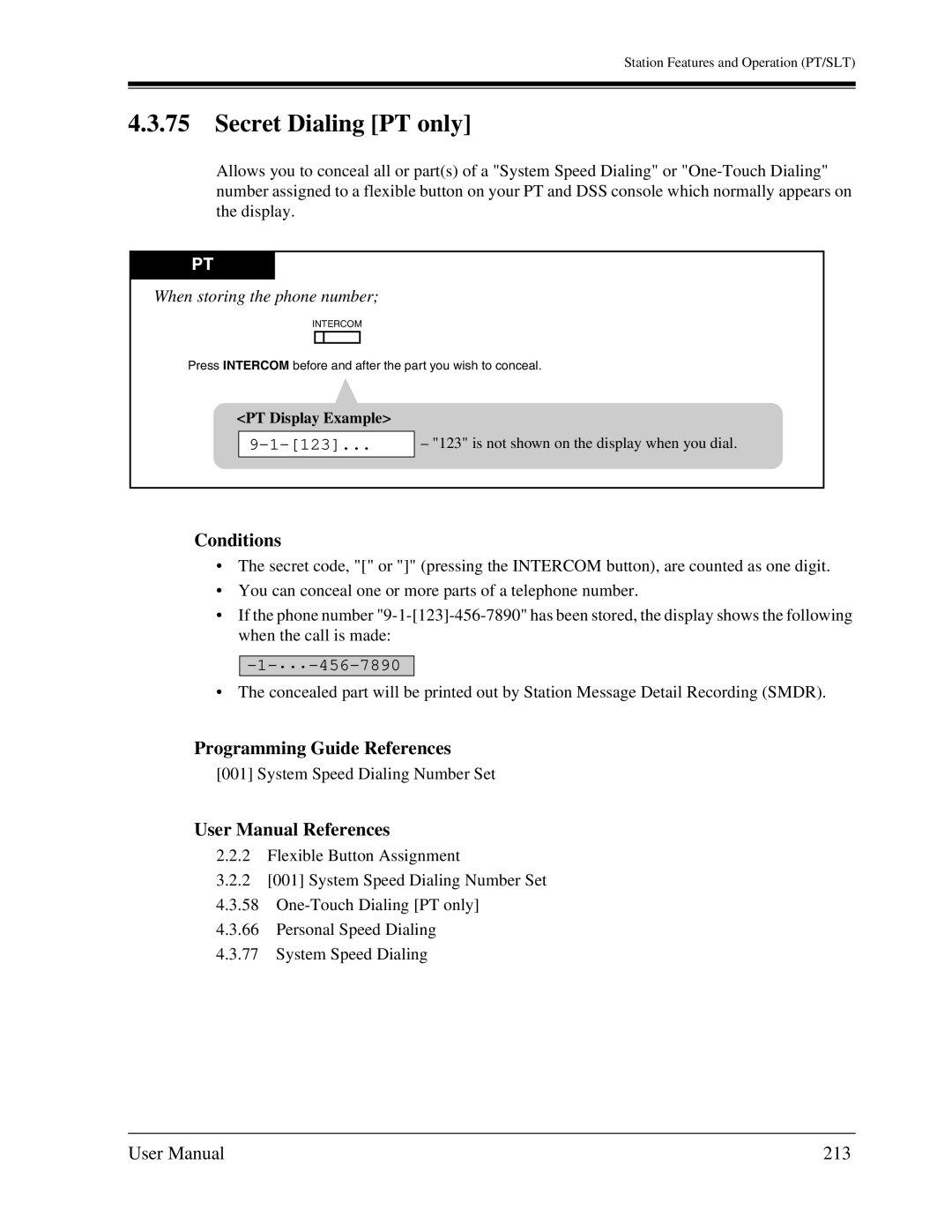 Panasonic KX-TA1232 user manual Secret Dialing PT only, 213, When storing the phone number, 456-7890 