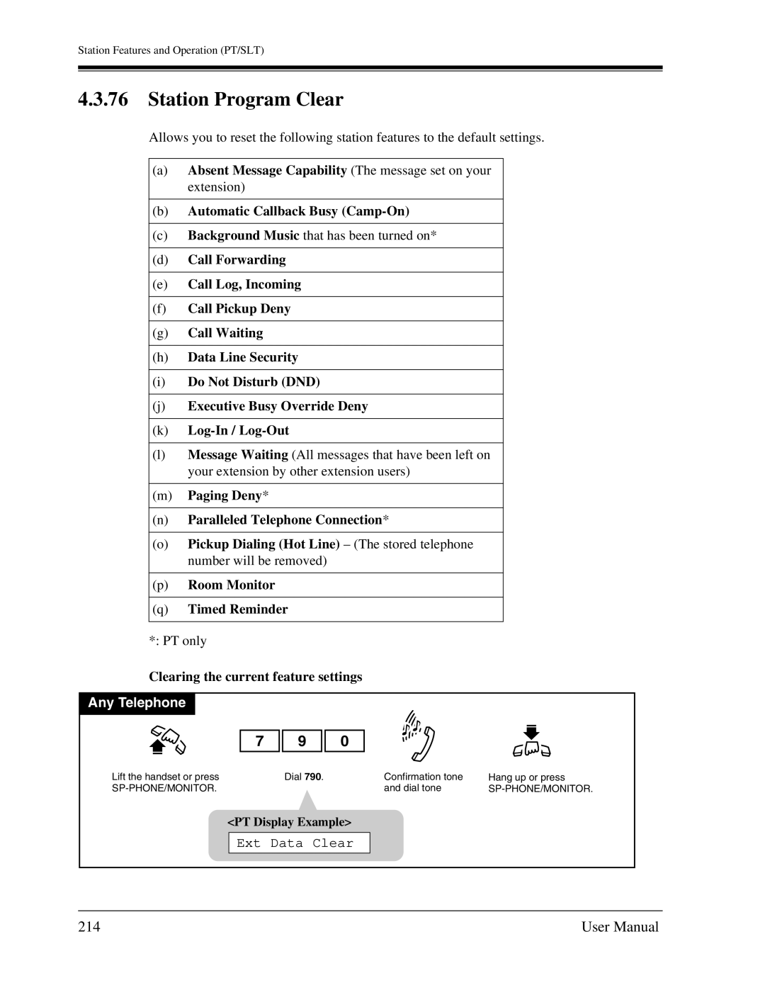 Panasonic KX-TA1232 user manual Station Program Clear, 214, Clearing the current feature settings, Ext Data Clear 