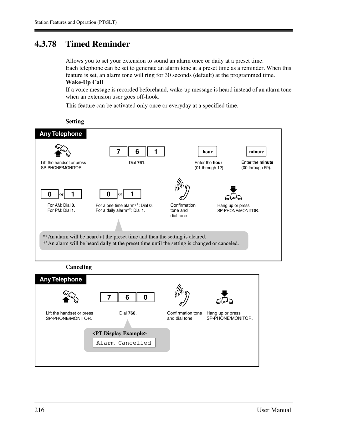 Panasonic KX-TA1232 user manual Timed Reminder, 216, Wake-Up Call, Alarm Cancelled, Hour Minute 