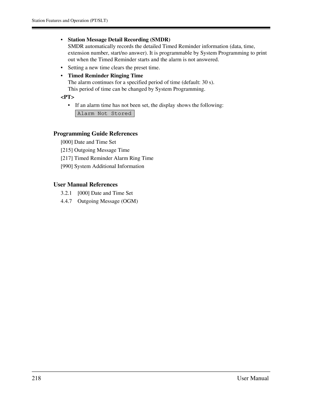 Panasonic KX-TA1232 user manual 218, Station Message Detail Recording Smdr, Timed Reminder Ringing Time, Alarm Not Stored 