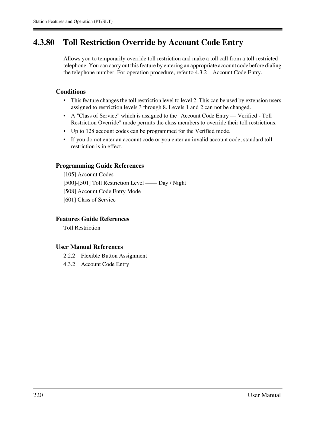 Panasonic KX-TA1232 user manual Toll Restriction Override by Account Code Entry, 220 