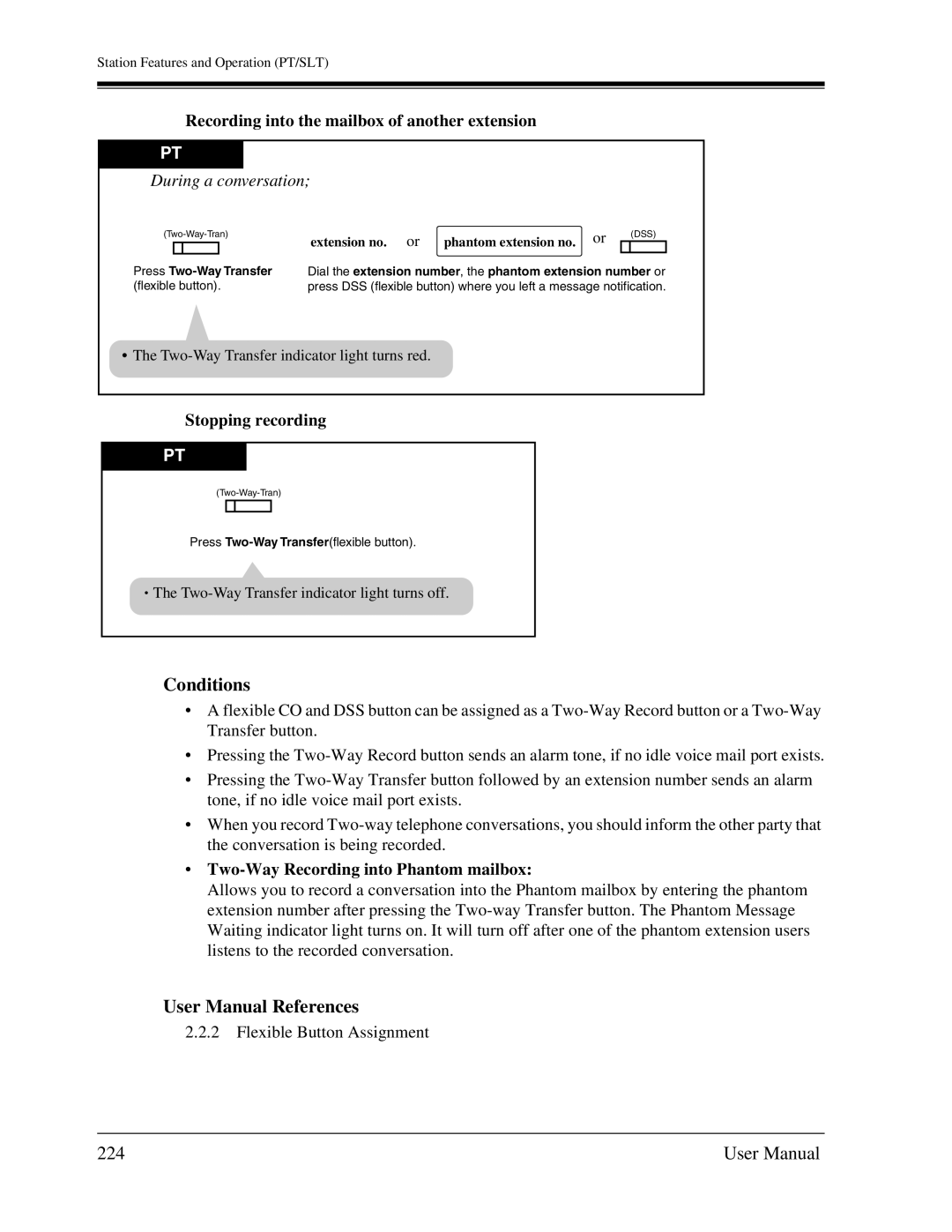 Panasonic KX-TA1232 224, Recording into the mailbox of another extension, Two-Way Recording into Phantom mailbox 