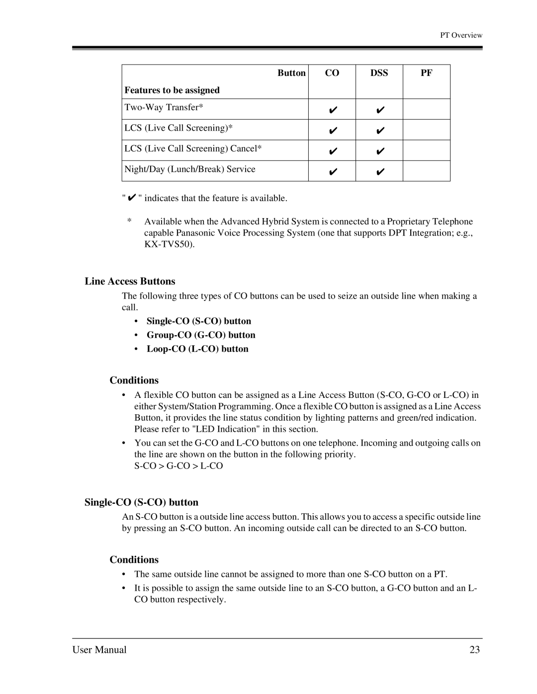 Panasonic KX-TA1232 user manual Line Access Buttons, Conditions, Single-CO S-CO button 