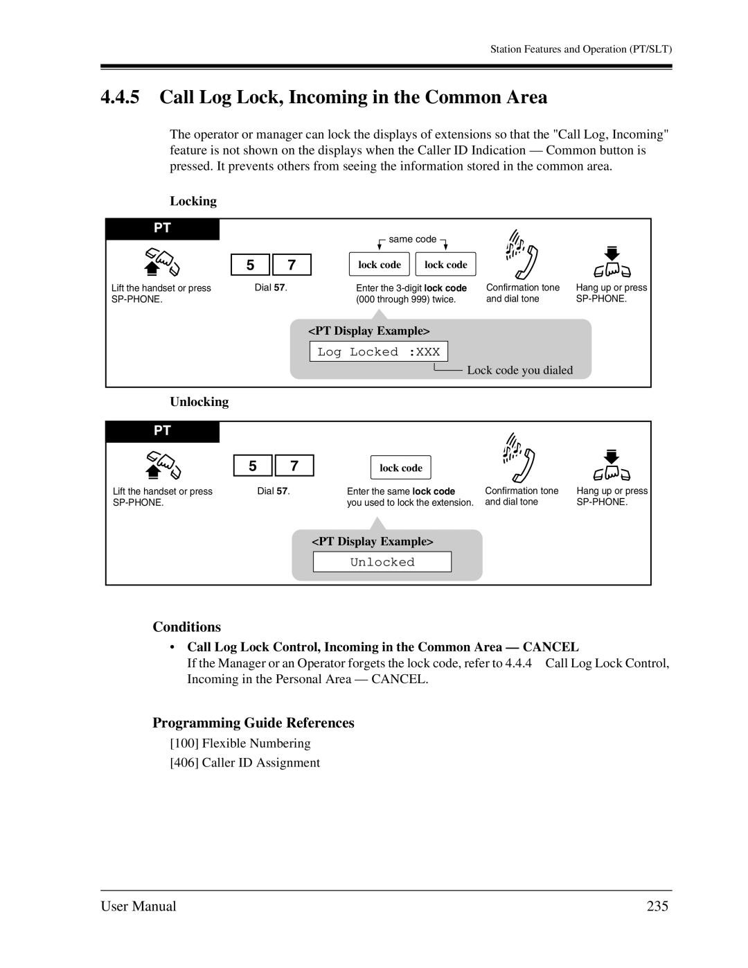 Panasonic KX-TA1232 user manual Call Log Lock, Incoming in the Common Area, 235 