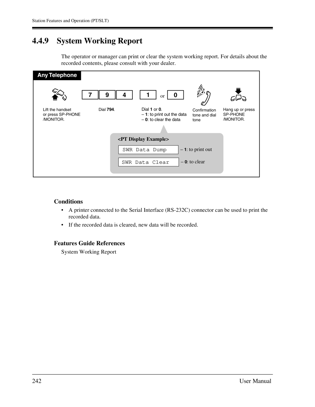 Panasonic KX-TA1232 user manual System Working Report, 242, SWR Data Dump SWR Data Clear 