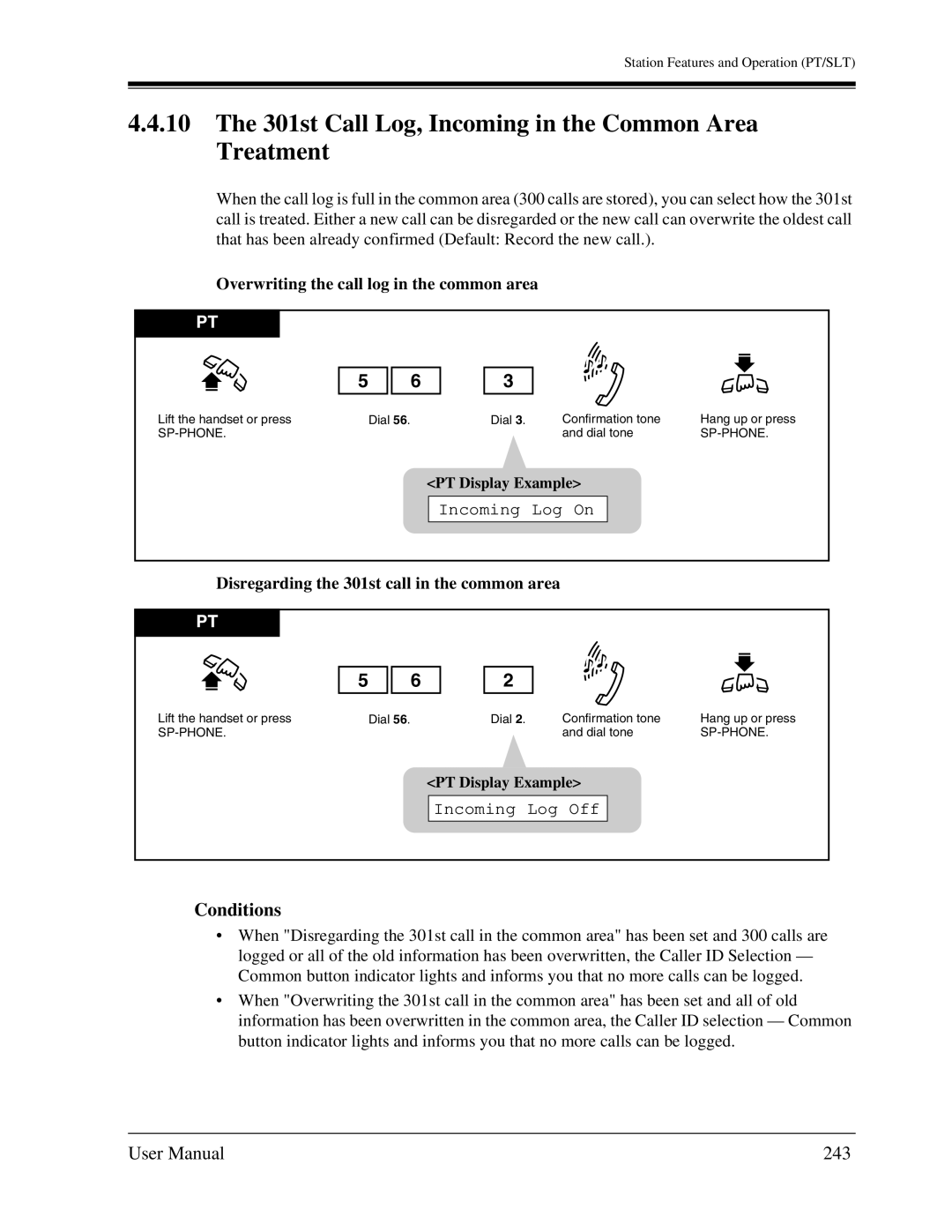 Panasonic KX-TA1232 user manual 301st Call Log, Incoming in the Common Area Treatment, 243 