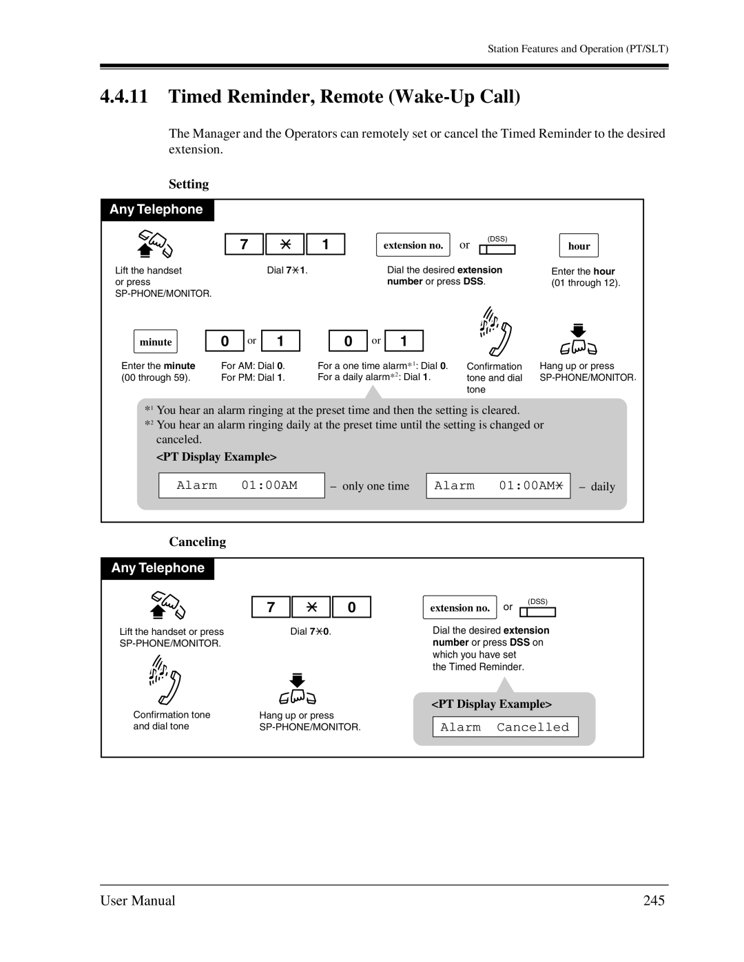 Panasonic KX-TA1232 user manual Timed Reminder, Remote Wake-Up Call, 245, Alarm 0100AM daily, Hour 