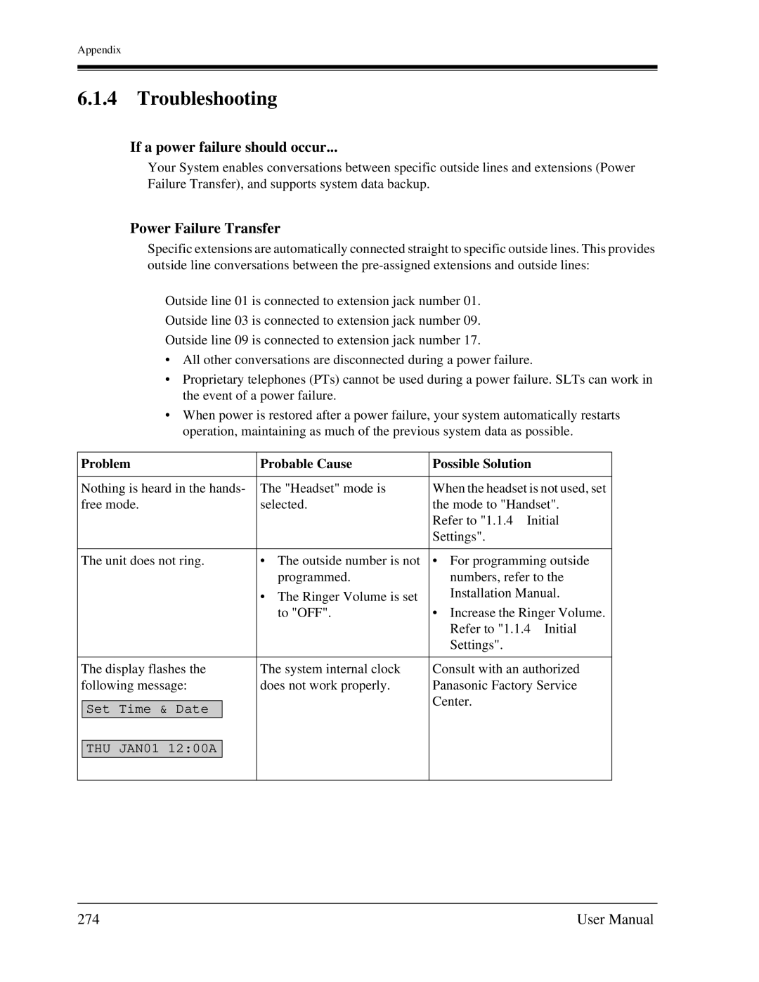 Panasonic KX-TA1232 user manual Troubleshooting, If a power failure should occur, Power Failure Transfer, 274 