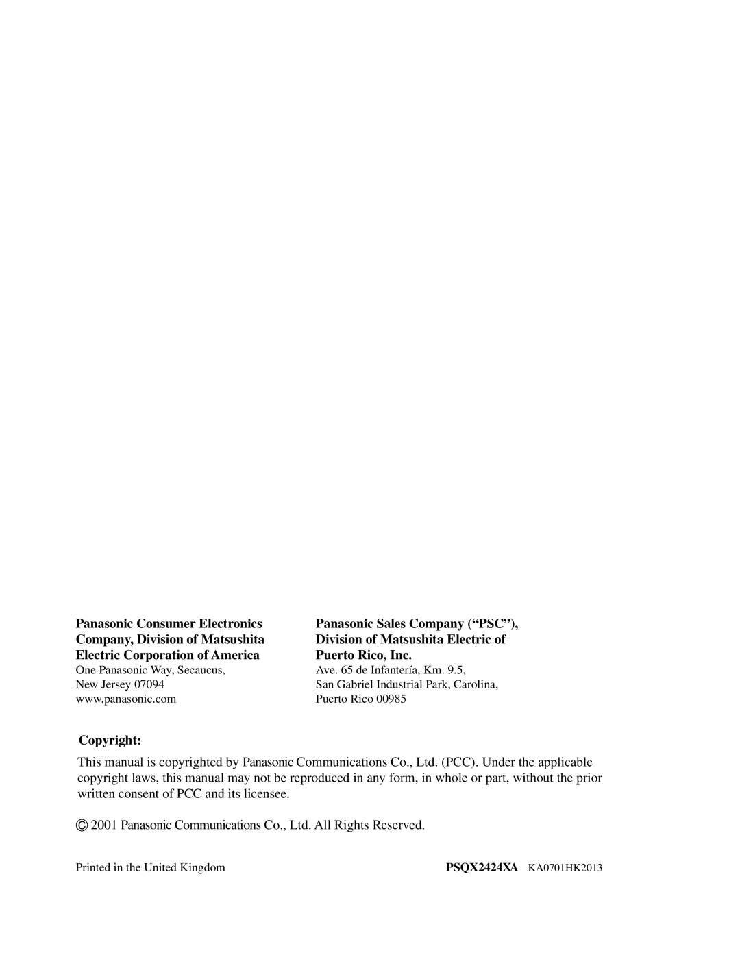 Panasonic KX-TA1232 user manual Panasonic Consumer Electronics, Copyright 