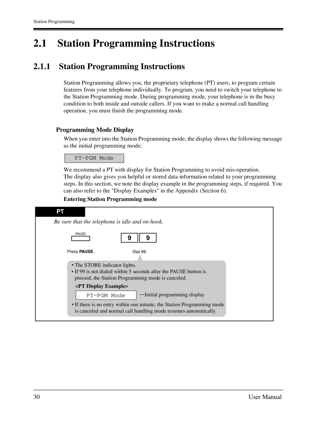 Panasonic KX-TA1232 user manual Station Programming Instructions, Programming Mode Display, PT-PGM Mode 