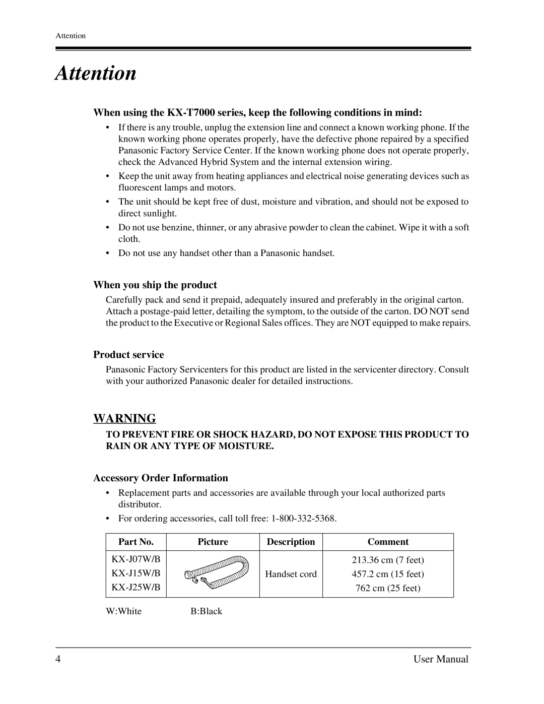 Panasonic KX-TA1232 user manual When you ship the product, Product service, Accessory Order Information, Picture 