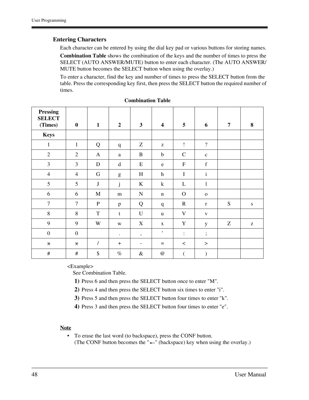 Panasonic KX-TA1232 user manual Entering Characters, Combination Table Pressing 