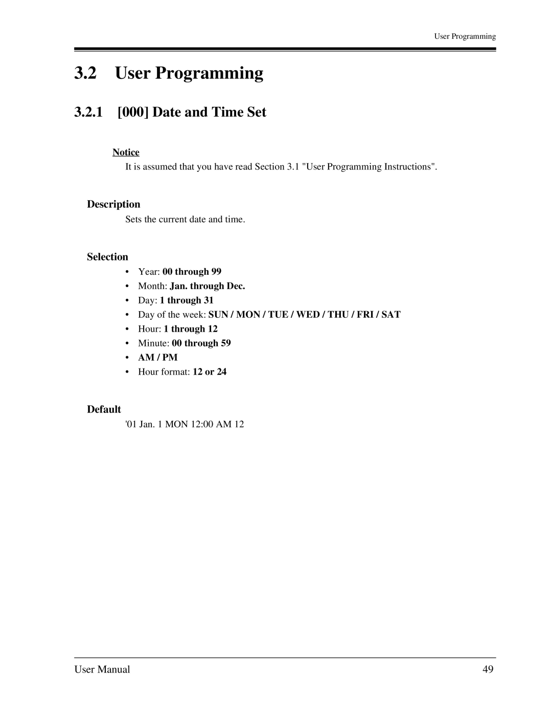 Panasonic KX-TA1232 user manual 1 000 Date and Time Set, Description, Selection, Default 