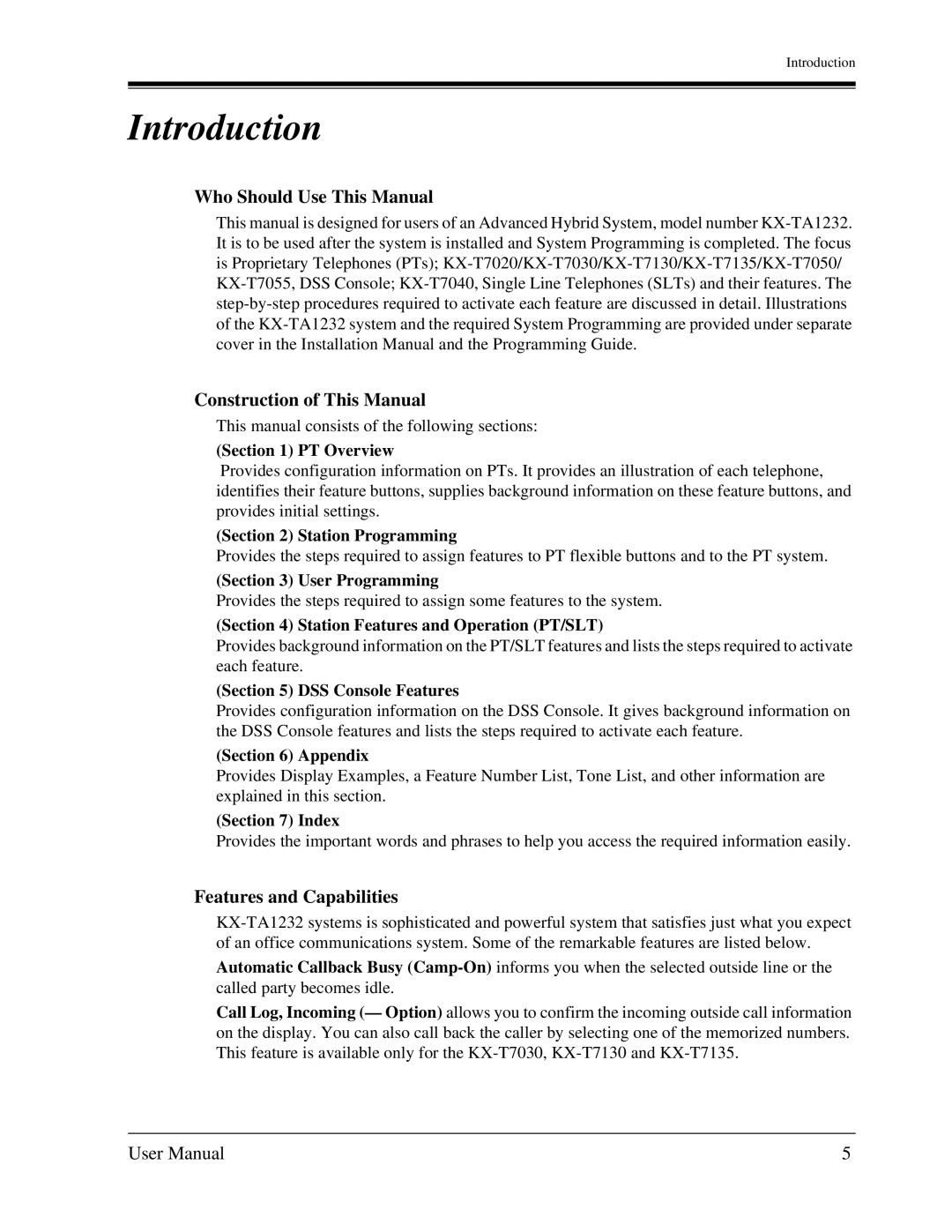 Panasonic KX-TA1232 user manual Who Should Use This Manual, Construction of This Manual, Features and Capabilities 