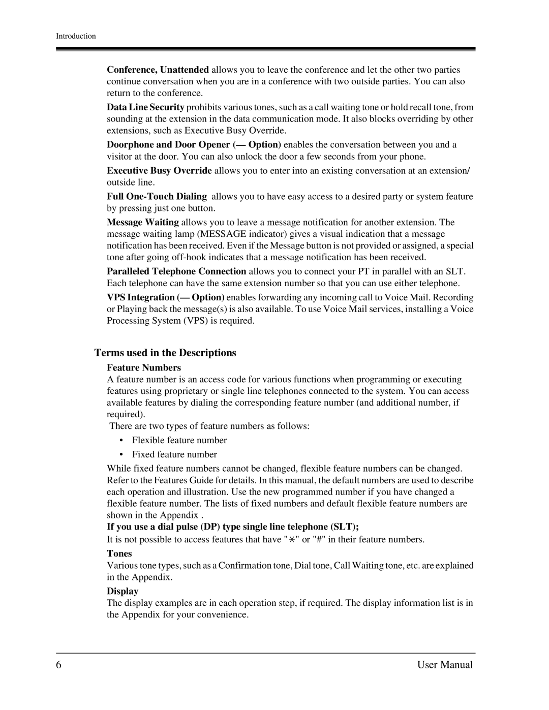 Panasonic KX-TA1232 user manual Terms used in the Descriptions, Feature Numbers, Tones, Display 