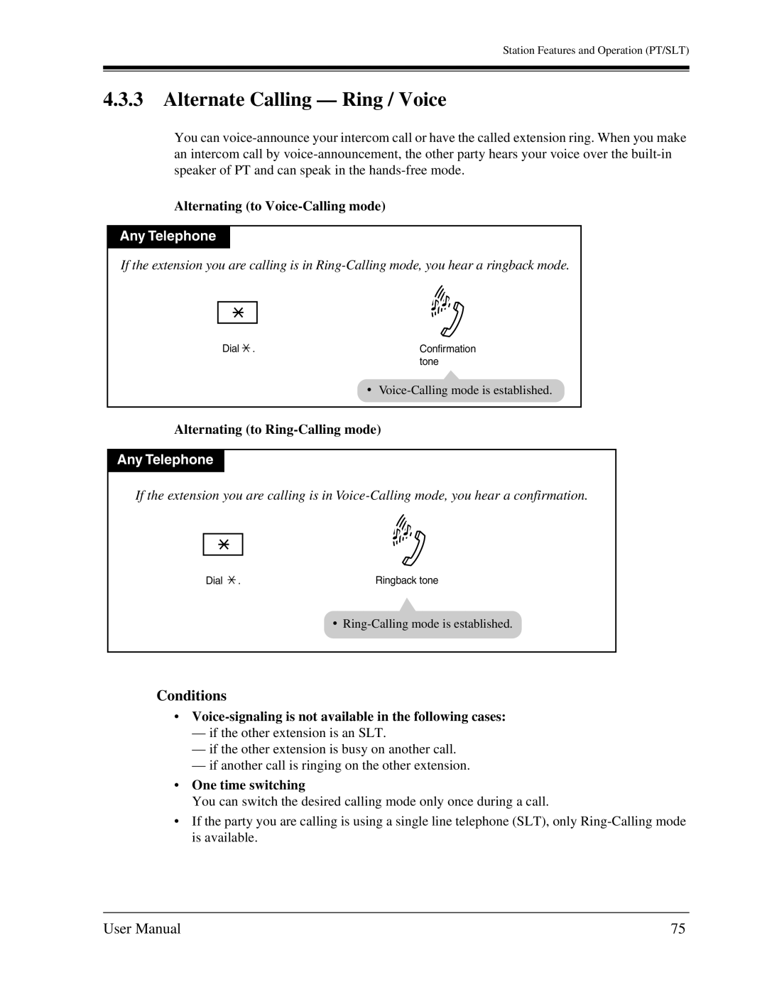 Panasonic KX-TA1232 Alternate Calling Ring / Voice, Alternating to Voice-Calling mode, Alternating to Ring-Calling mode 