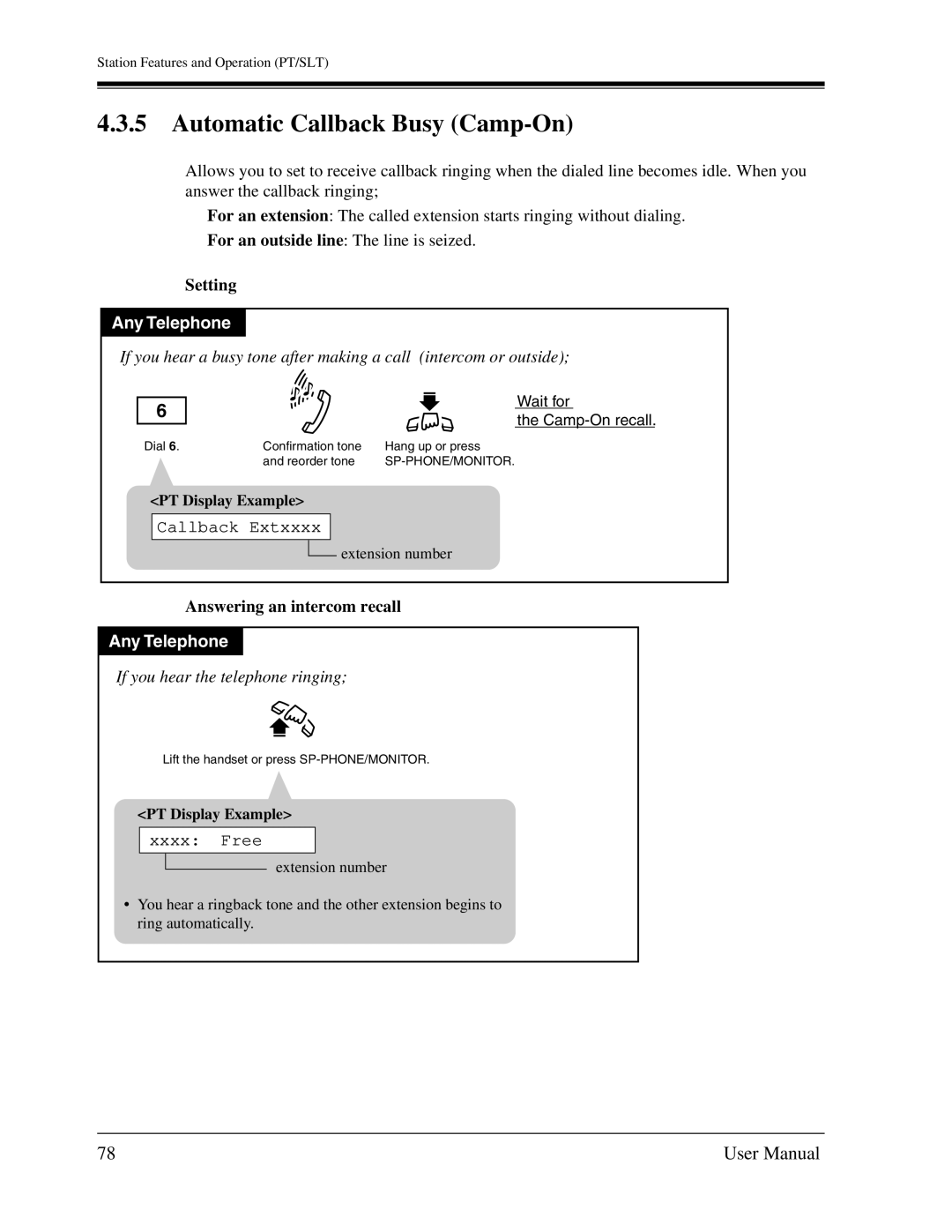 Panasonic KX-TA1232 user manual Automatic Callback Busy Camp-On, Setting, Answering an intercom recall 