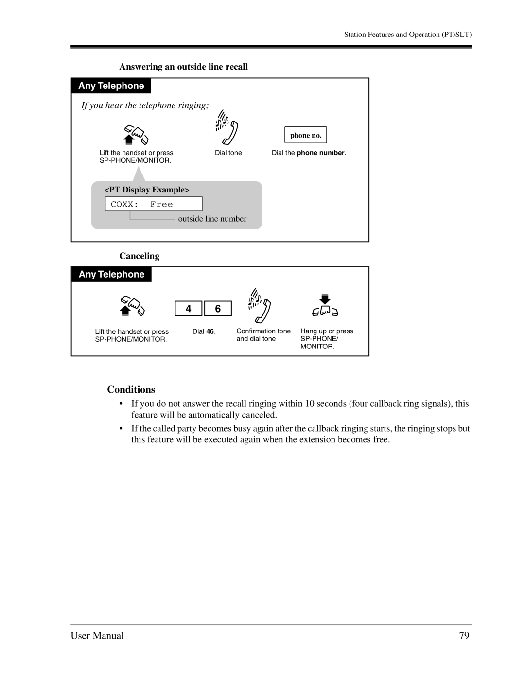 Panasonic KX-TA1232 user manual Answering an outside line recall, Coxx Free, Canceling 