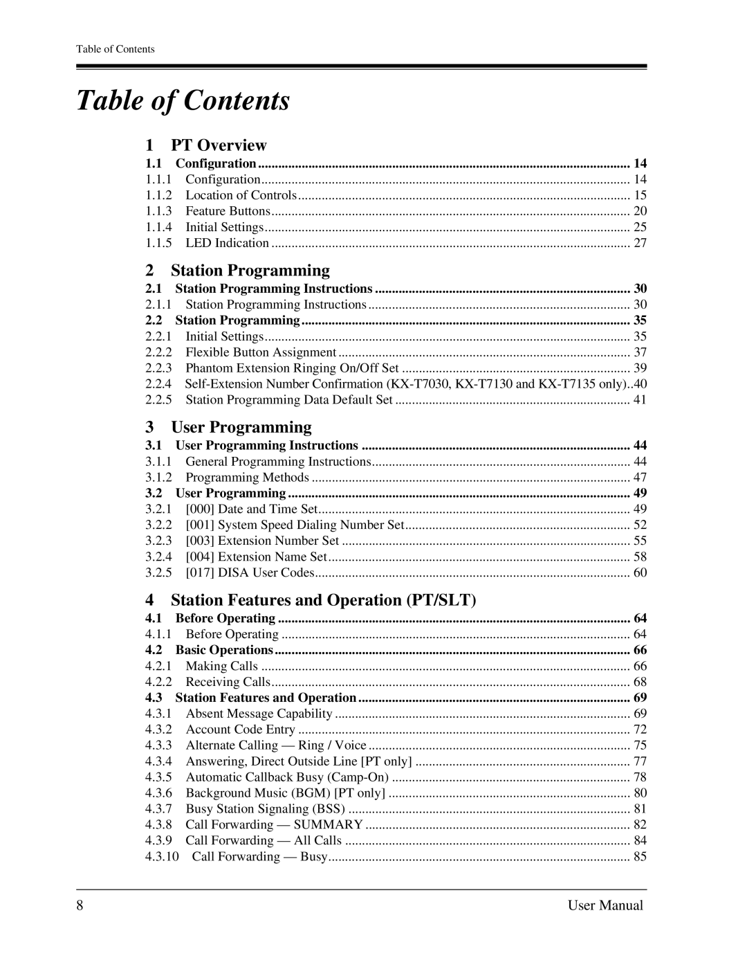 Panasonic KX-TA1232 user manual Table of Contents 