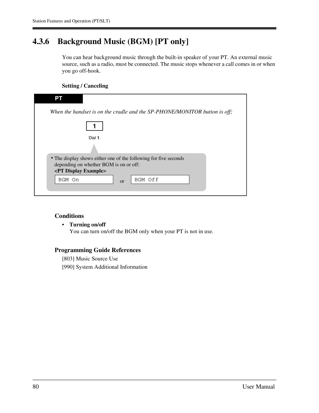 Panasonic KX-TA1232 user manual Background Music BGM PT only, Setting / Canceling, BGM On BGM Off, Turning on/off 