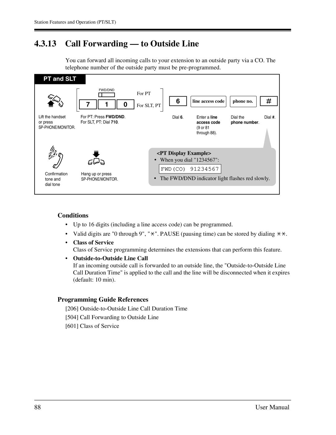 Panasonic KX-TA1232 user manual Call Forwarding to Outside Line, Fwdco, Class of Service, Outside-to-Outside Line Call 