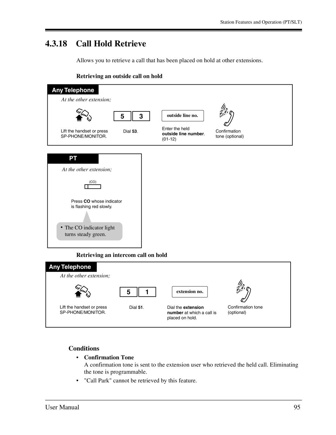 Panasonic KX-TA1232 user manual Call Hold Retrieve, Retrieving an outside call on hold, Retrieving an intercom call on hold 