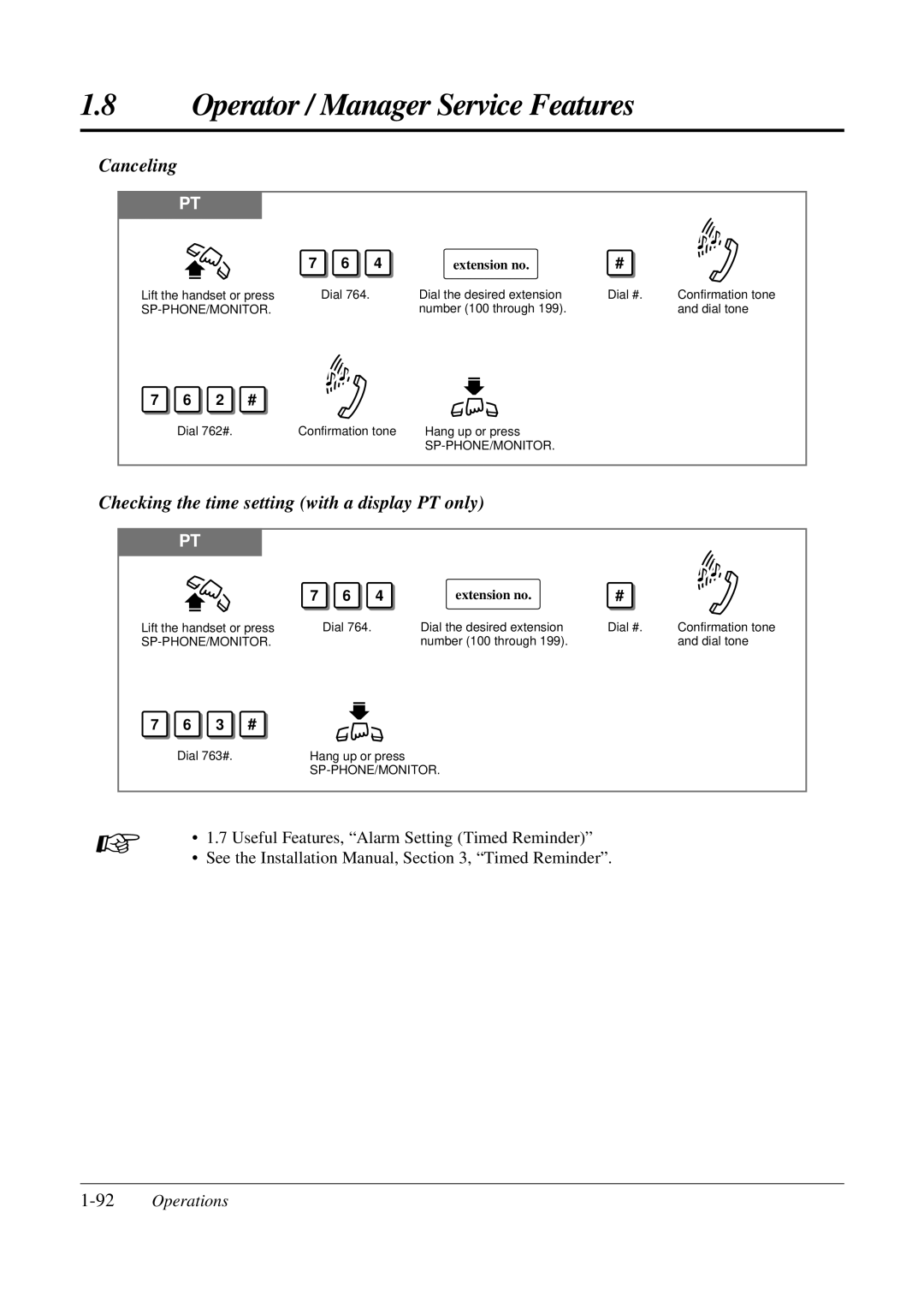 Panasonic KX-TA308 operating instructions Checking the time setting with a display PT only, 92Operations 