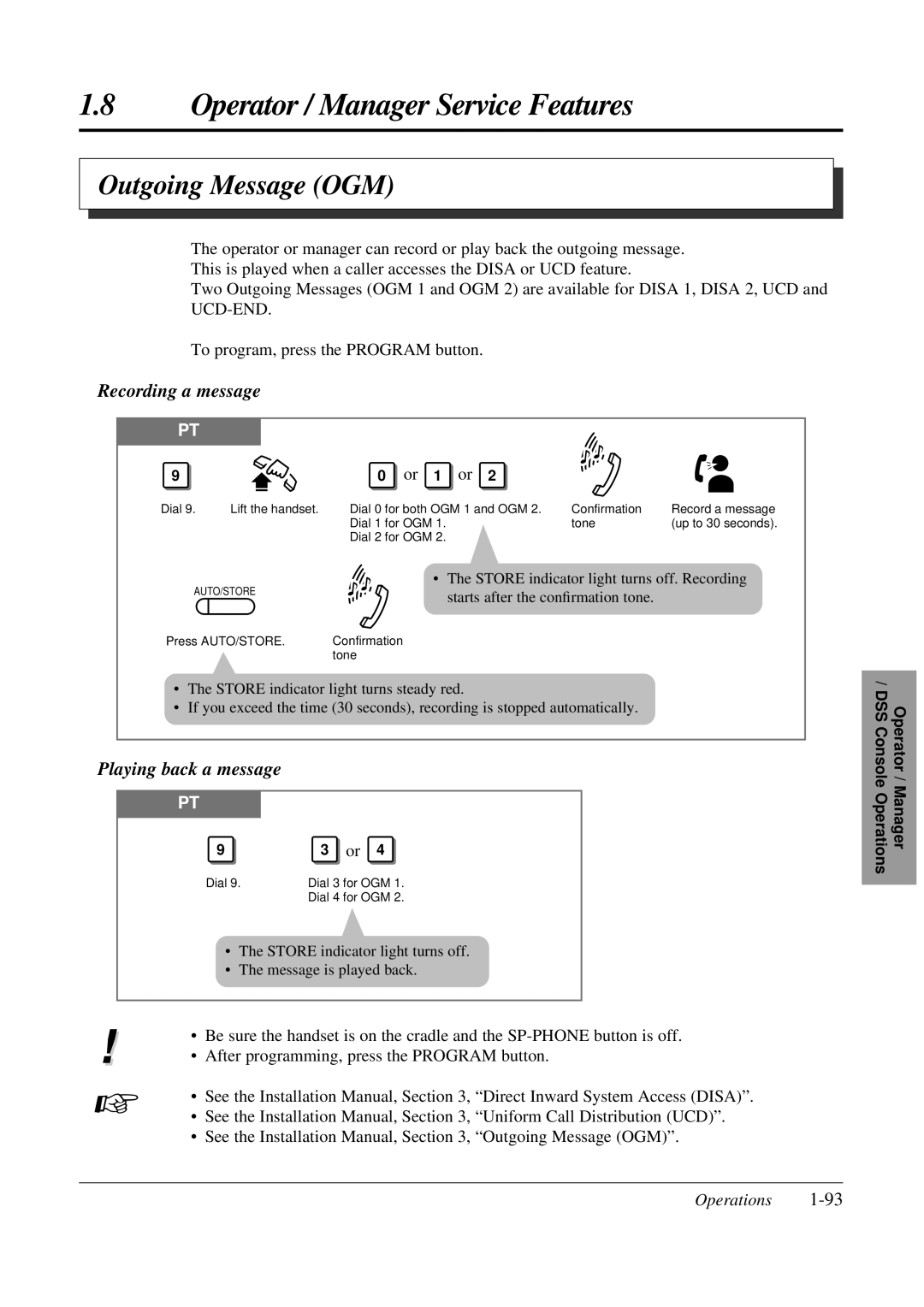 Panasonic KX-TA308 operating instructions Outgoing Message OGM, Recording a message, Playing back a message 