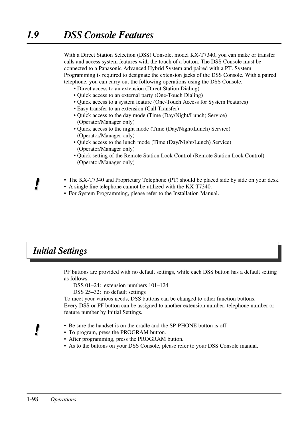 Panasonic KX-TA308 operating instructions DSS Console Features, Initial Settings, 98Operations 