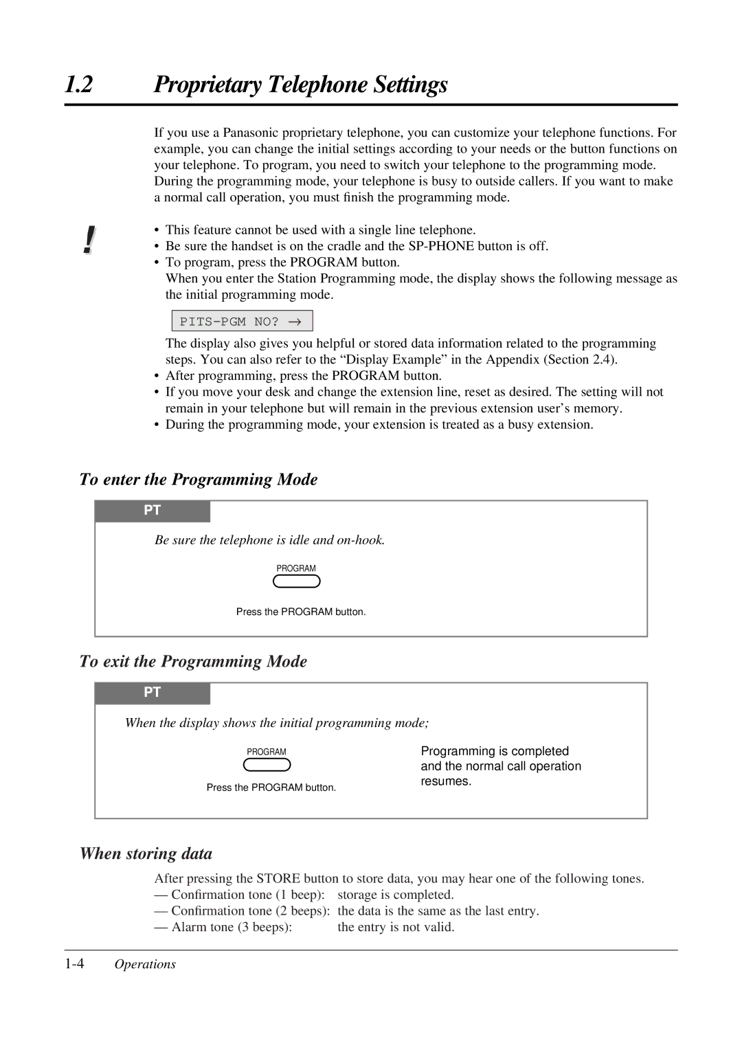 Panasonic KX-TA308 Proprietary Telephone Settings, Be sure the telephone is idle and on-hook, 4Operations 