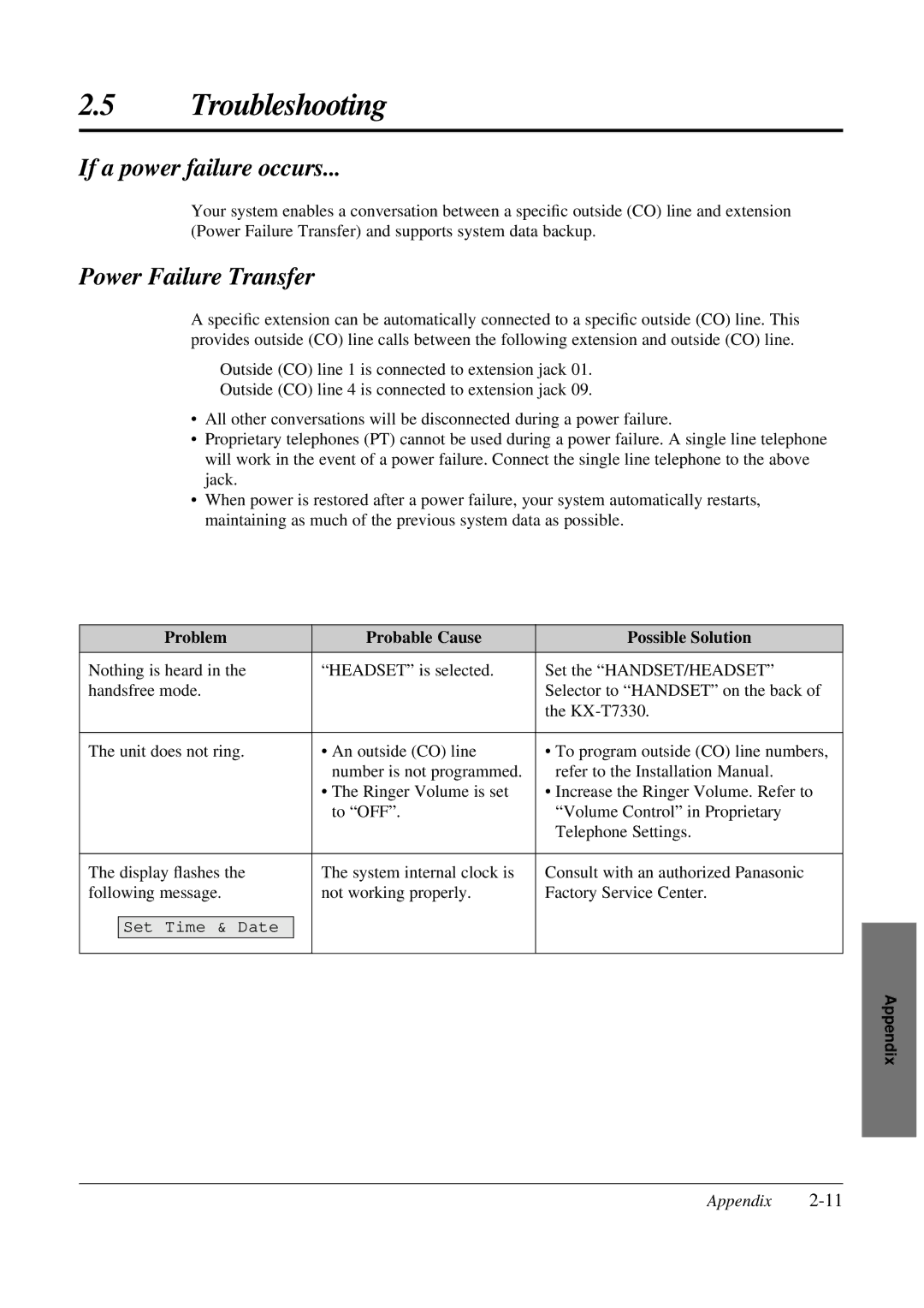 Panasonic KX-TA308 operating instructions Troubleshooting, If a power failure occurs, Power Failure Transfer 