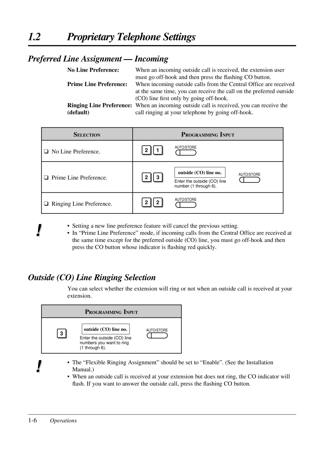 Panasonic KX-TA308 Preferred Line Assignment Incoming, Outside CO Line Ringing Selection, 6Operations 