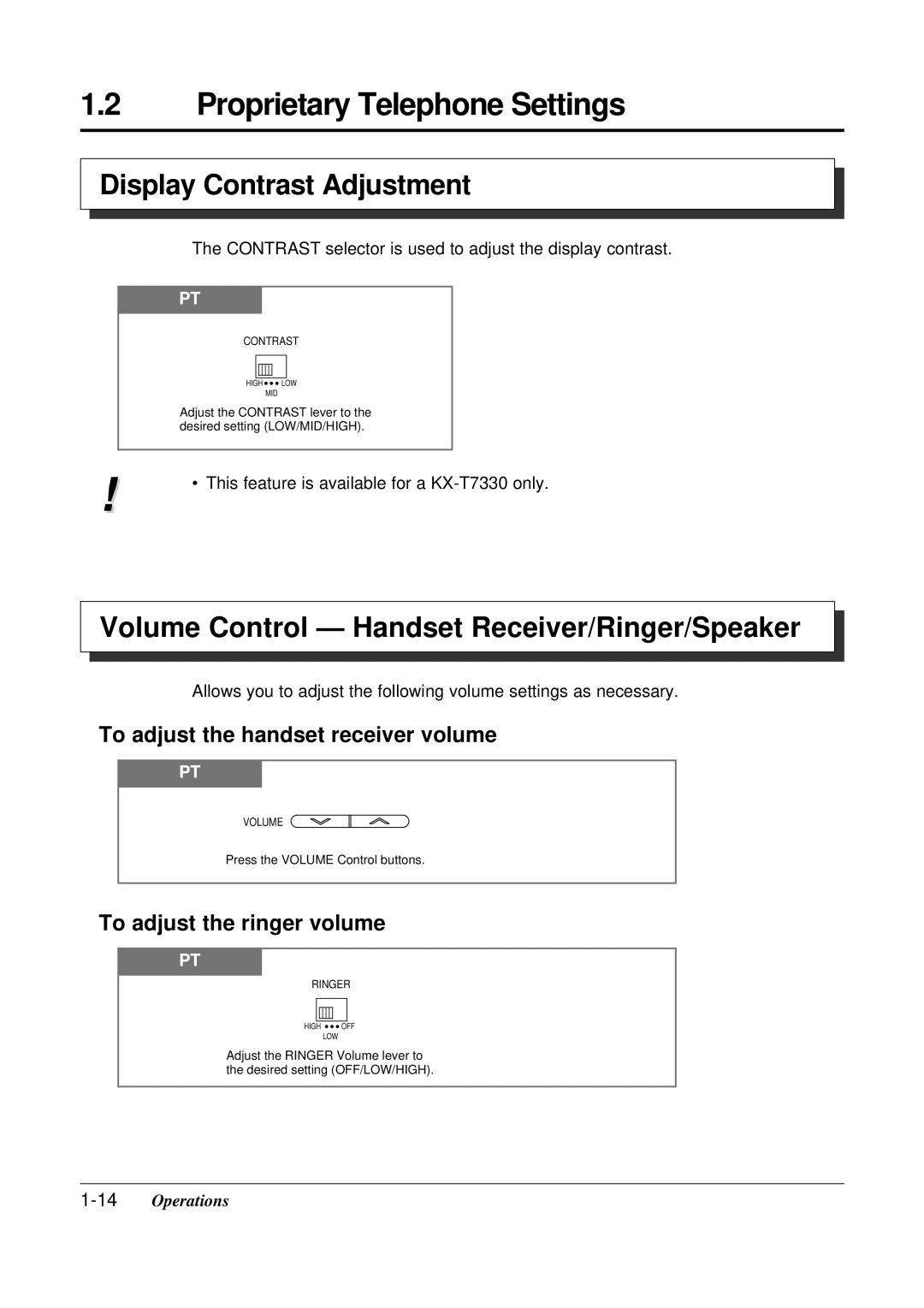 Panasonic KX-TA308 Display Contrast Adjustment, Volume Control Handset Receiver/Ringer/Speaker, 14Operations 