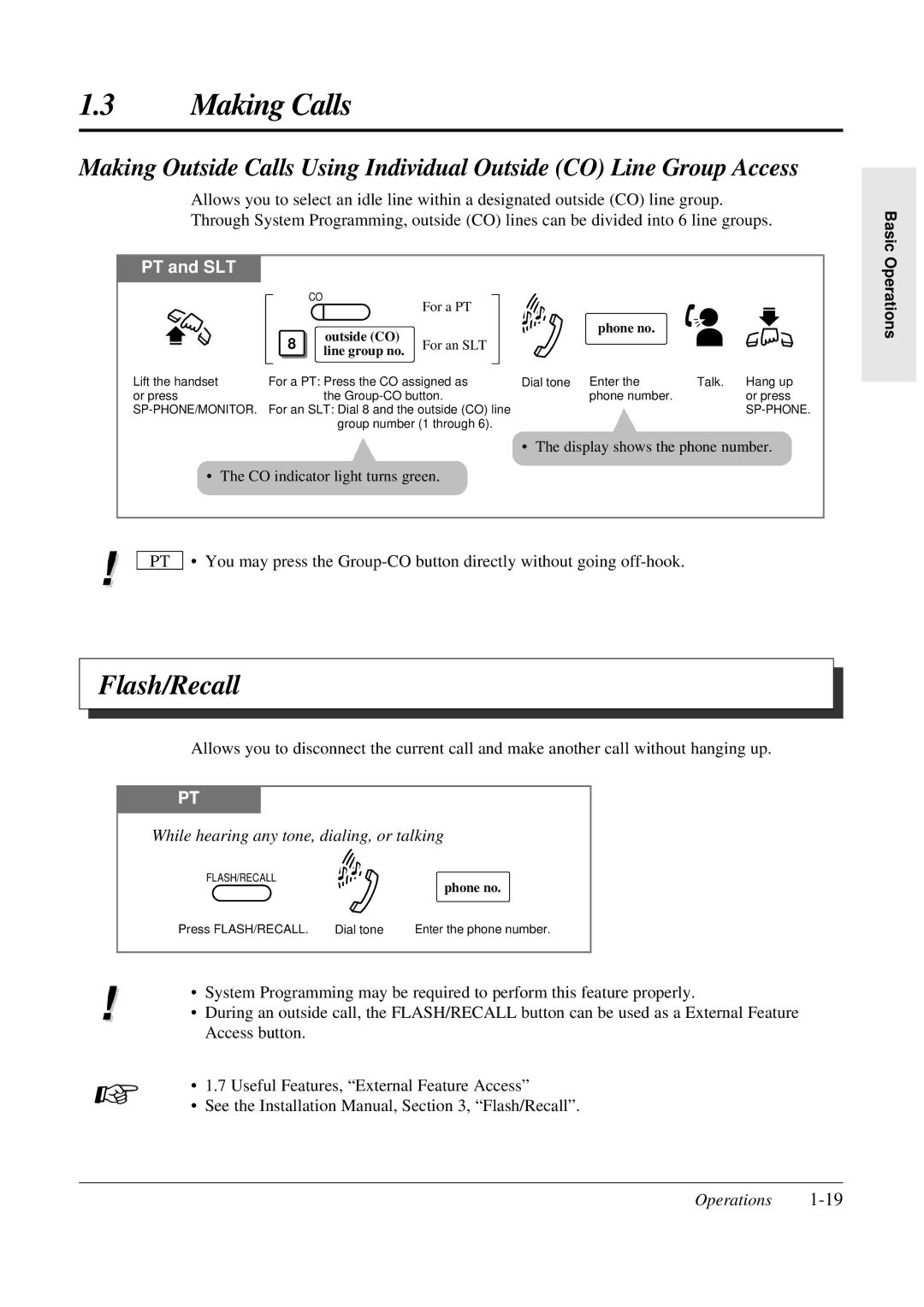 Panasonic KX-TA308 Flash/Recall, While hearing any tone, dialing, or talking, Outside CO Phone no, Line group no 