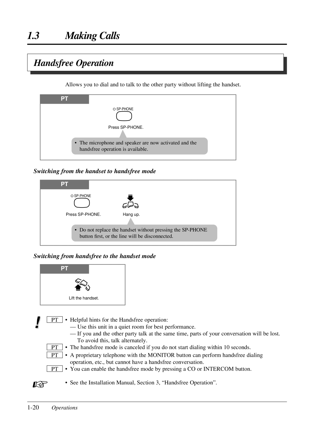 Panasonic KX-TA308 operating instructions Handsfree Operation, Switching from the handset to handsfree mode, 20Operations 