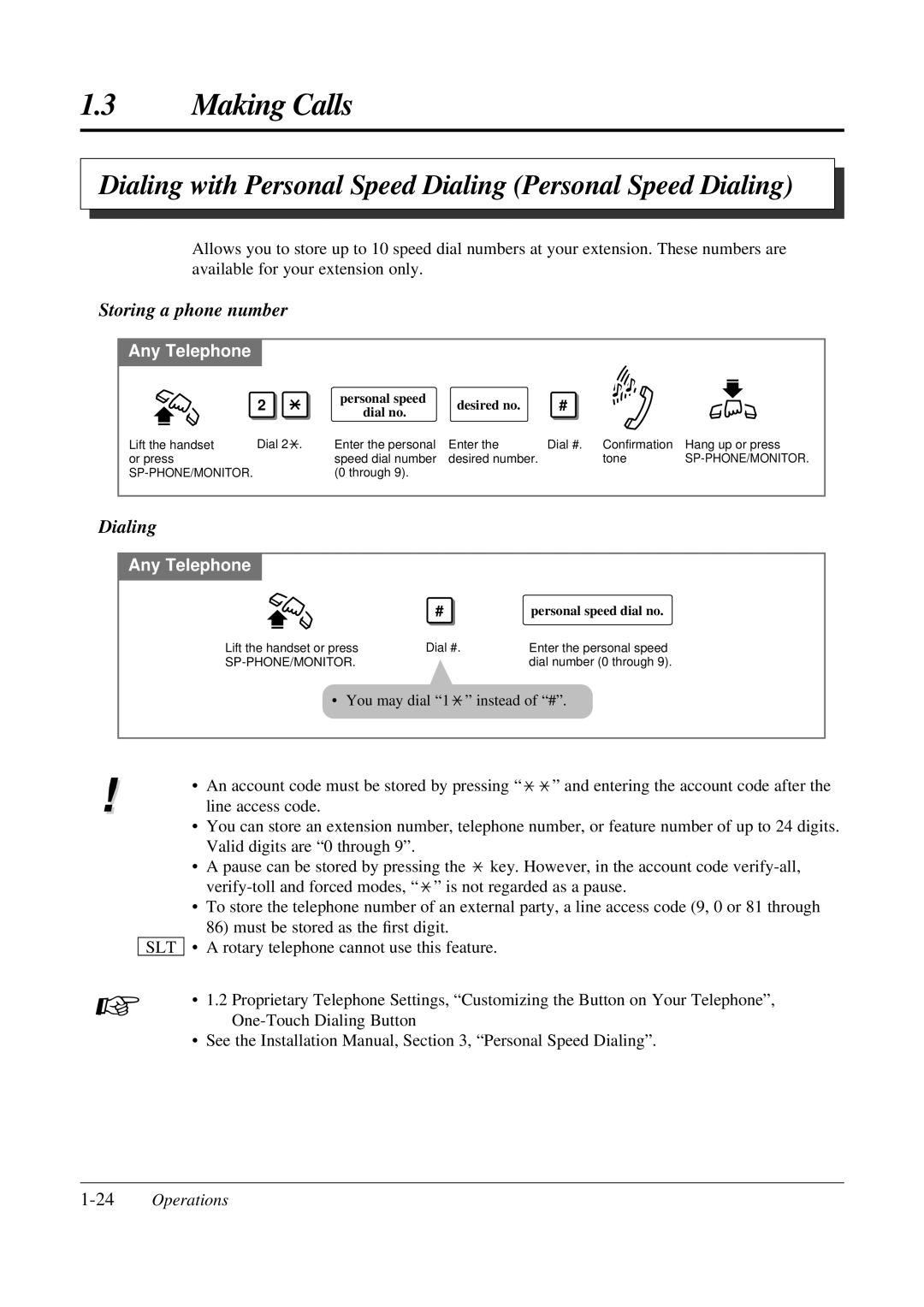 Panasonic KX-TA308 Dialing with Personal Speed Dialing Personal Speed Dialing, Storing a phone number, 24Operations 