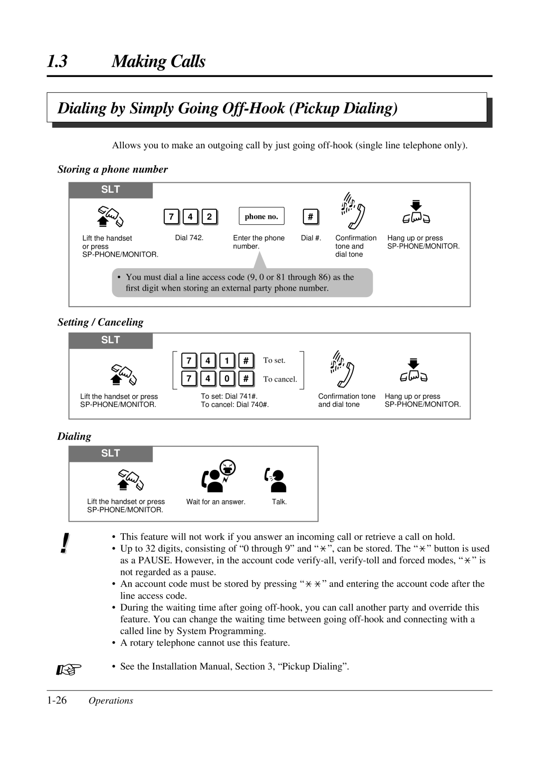 Panasonic KX-TA308 Dialing by Simply Going Off-Hook Pickup Dialing, Setting / Canceling, 26Operations 