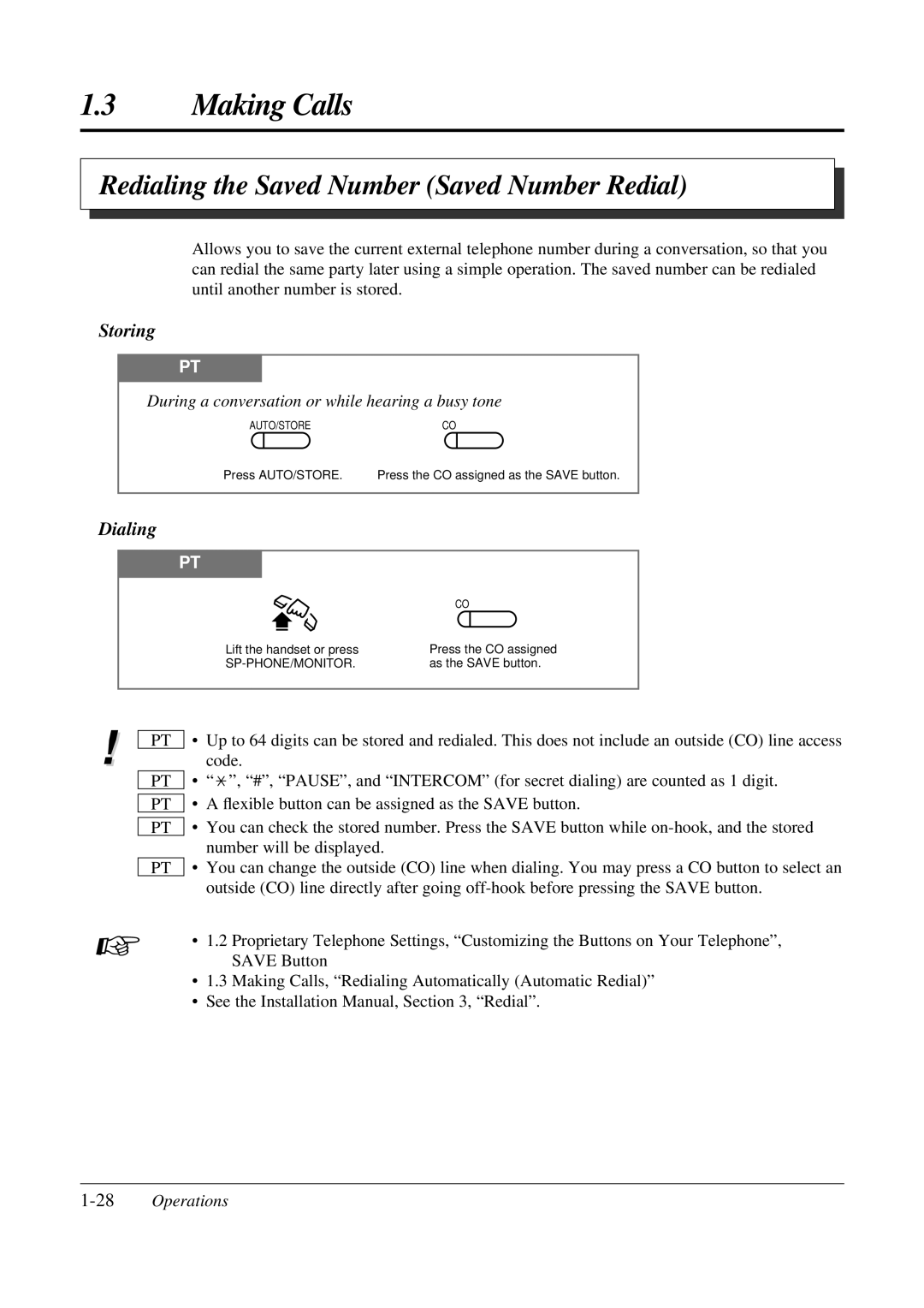 Panasonic KX-TA308 operating instructions Redialing the Saved Number Saved Number Redial, Storing, 28Operations 