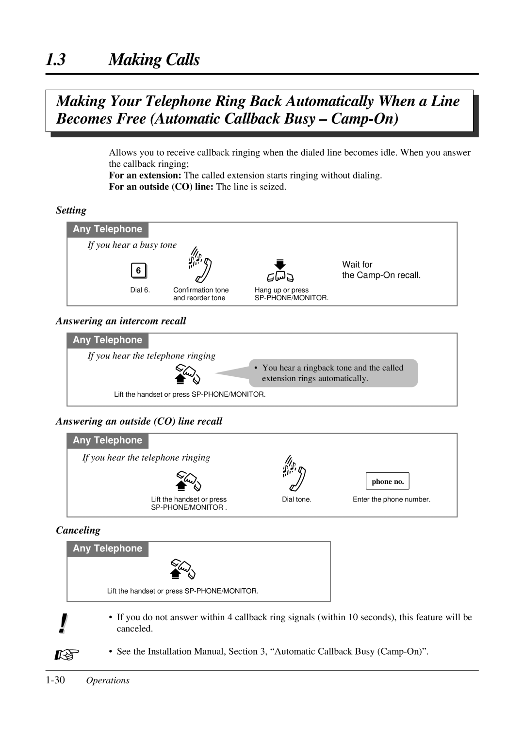 Panasonic KX-TA308 Setting, Answering an intercom recall, Answering an outside CO line recall, Canceling 