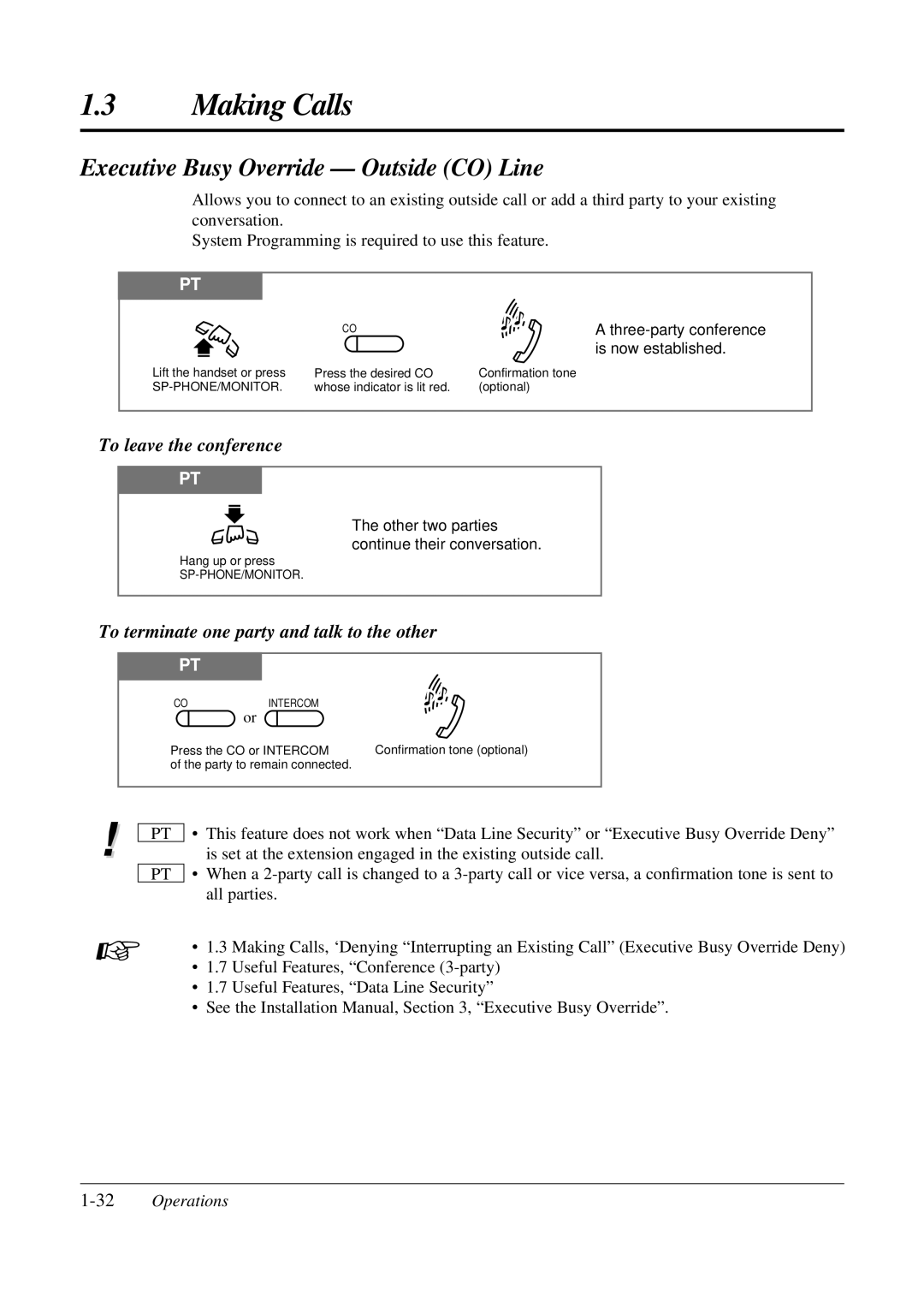 Panasonic KX-TA308 operating instructions Executive Busy Override Outside CO Line, 32Operations 