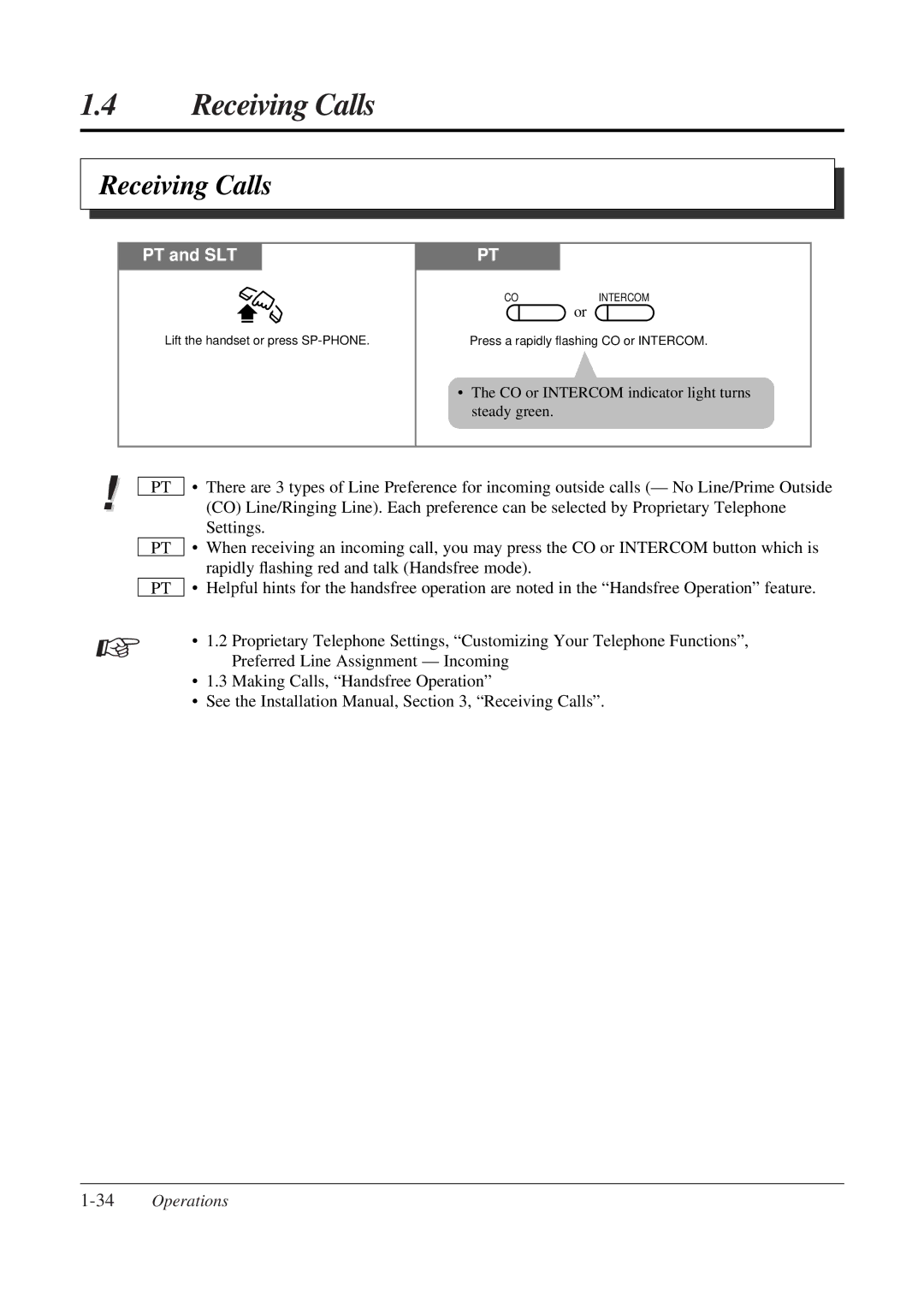 Panasonic KX-TA308 operating instructions Receiving Calls, 34Operations 