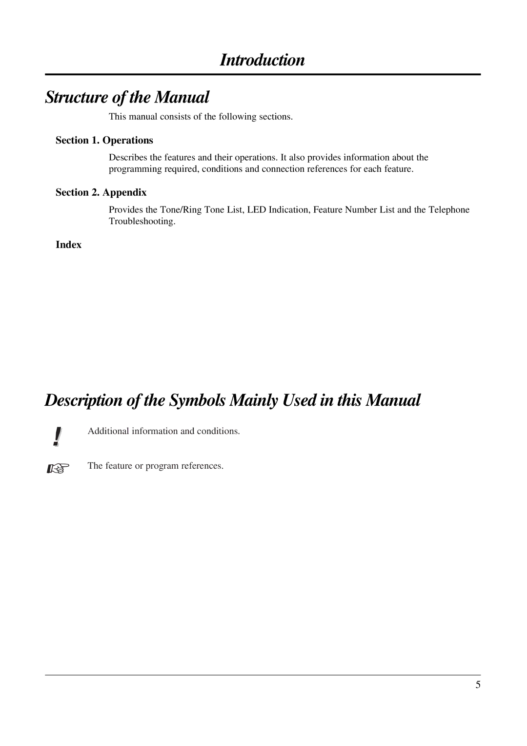 Panasonic KX-TA308 Introduction Structure of the Manual, Description of the Symbols Mainly Used in this Manual 