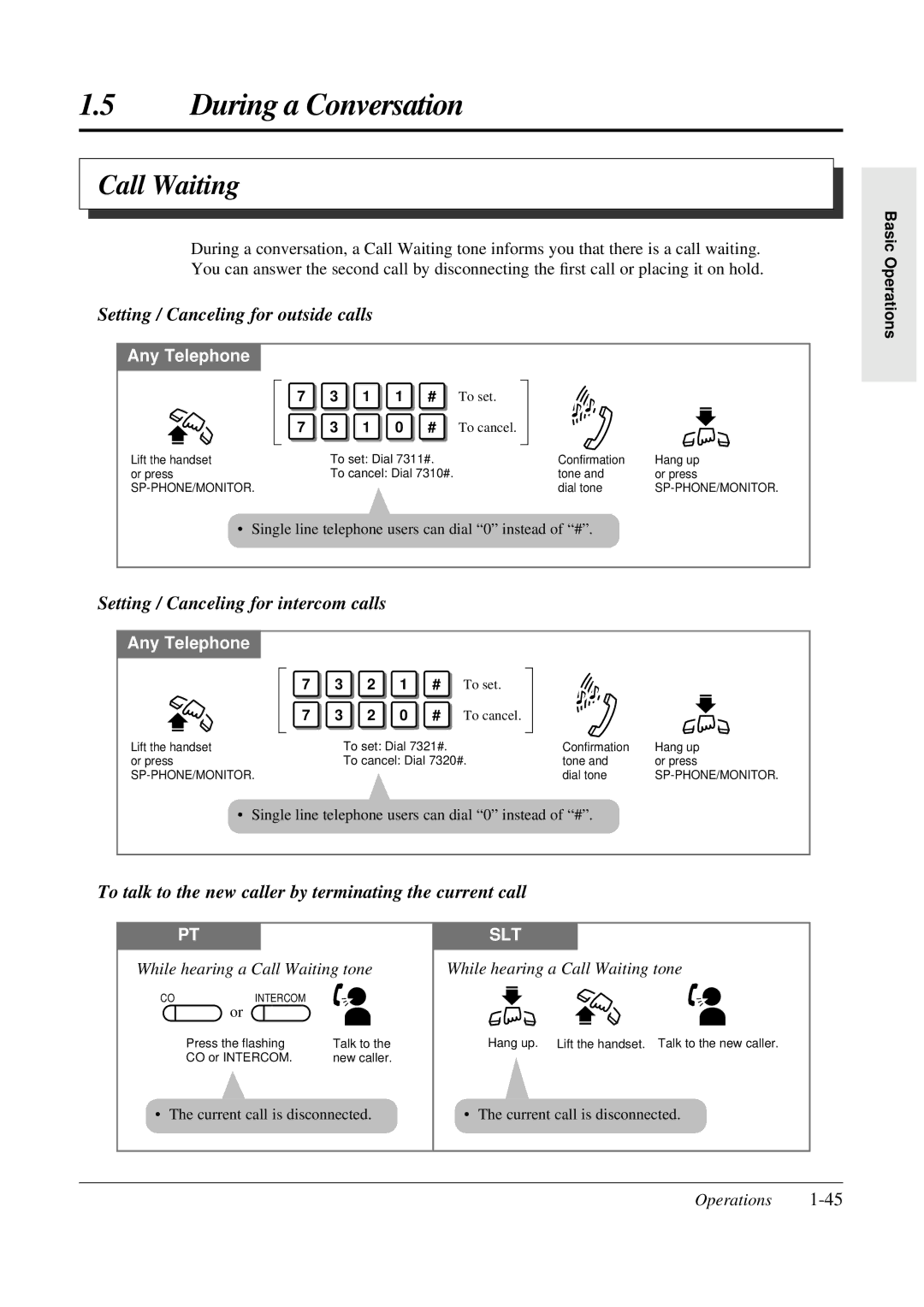 Panasonic KX-TA308 Call Waiting, Setting / Canceling for outside calls, Setting / Canceling for intercom calls 