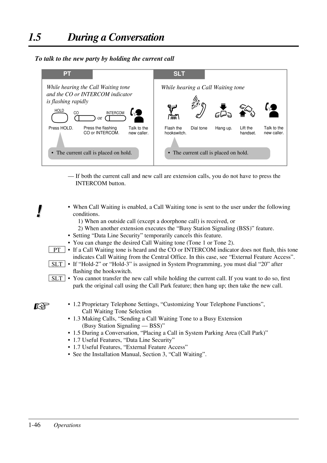 Panasonic KX-TA308 operating instructions To talk to the new party by holding the current call, 46Operations 