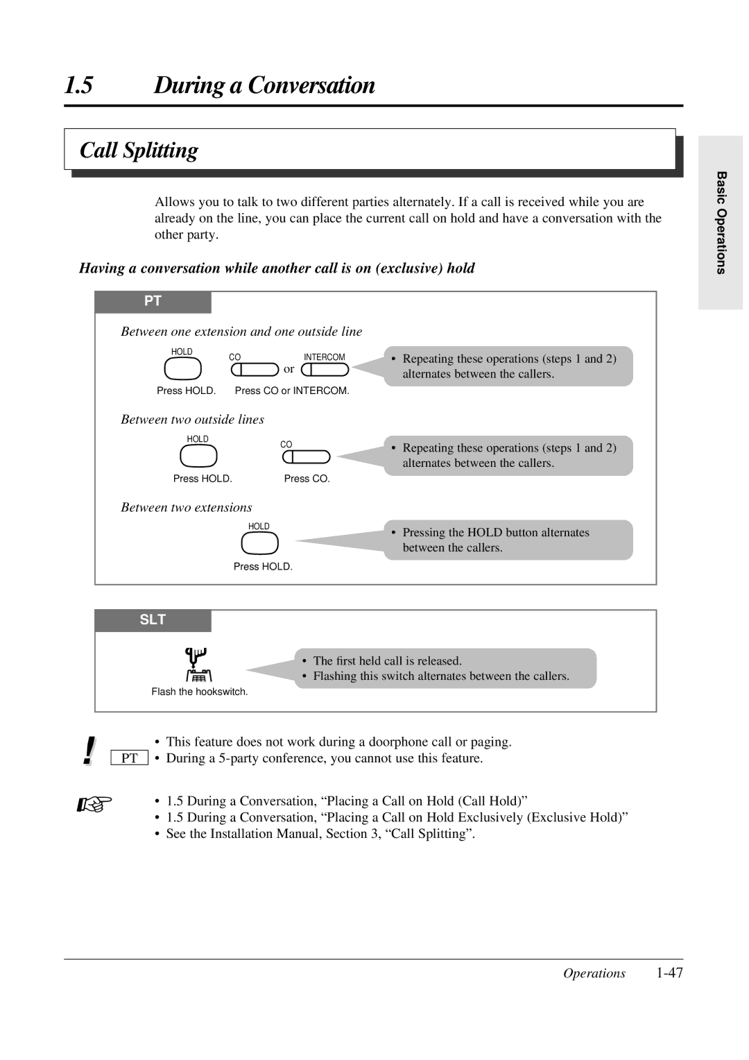 Panasonic KX-TA308 Call Splitting, Between one extension and one outside line, Between two outside lines 