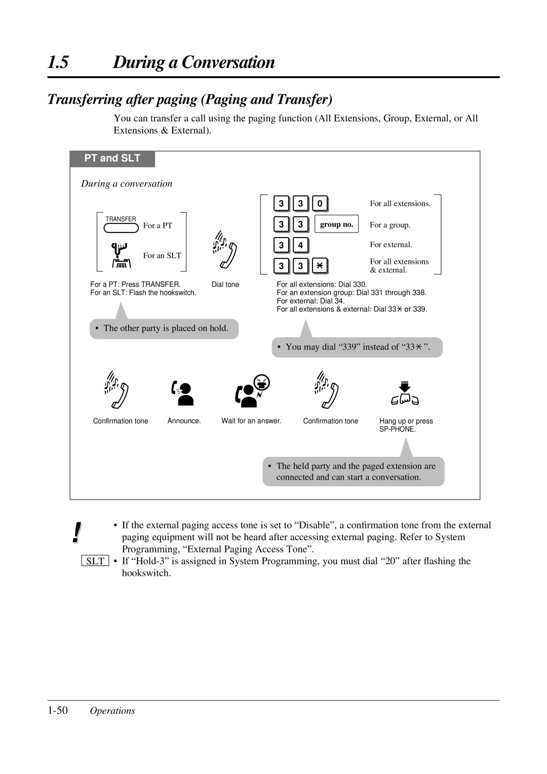 Panasonic KX-TA308 operating instructions Transferring after paging Paging and Transfer, 50Operations, For all extensions 