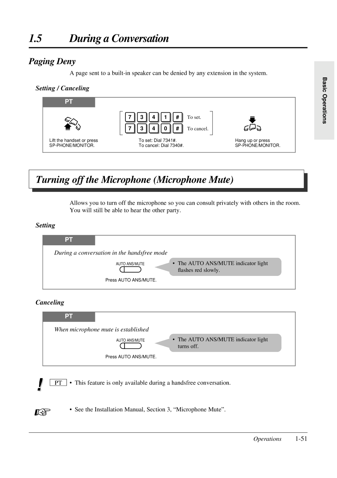 Panasonic KX-TA308 Turning off the Microphone Microphone Mute, Paging Deny, During a conversation in the handsfree mode 