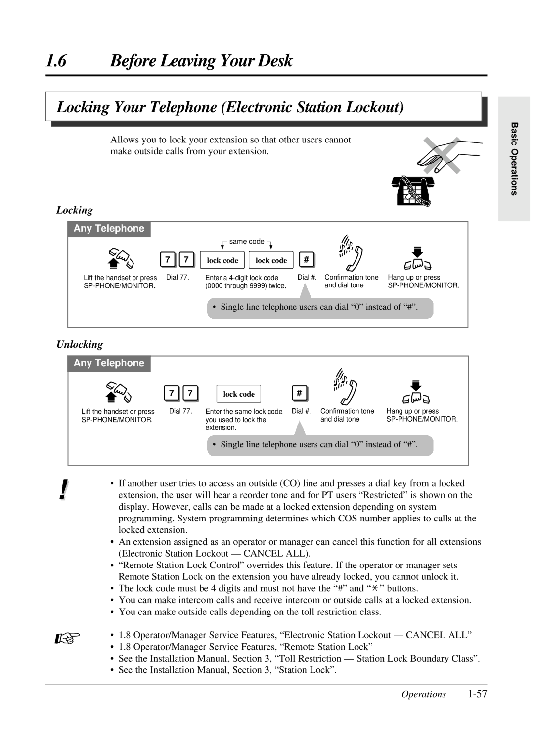 Panasonic KX-TA308 operating instructions Locking Your Telephone Electronic Station Lockout, Unlocking, Lock code 