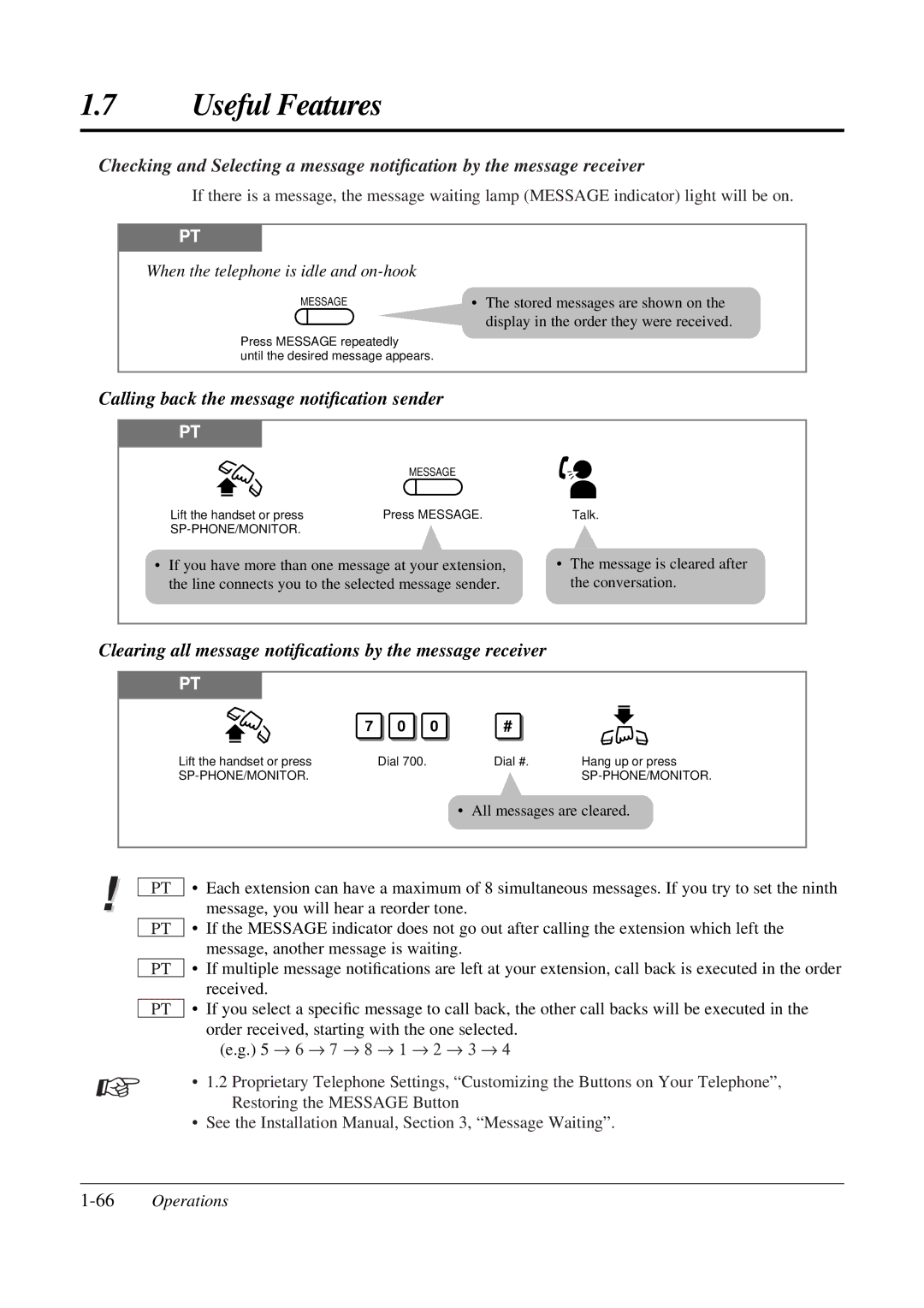 Panasonic KX-TA308 Calling back the message notiﬁcation sender, Clearing all message notiﬁcations by the message receiver 